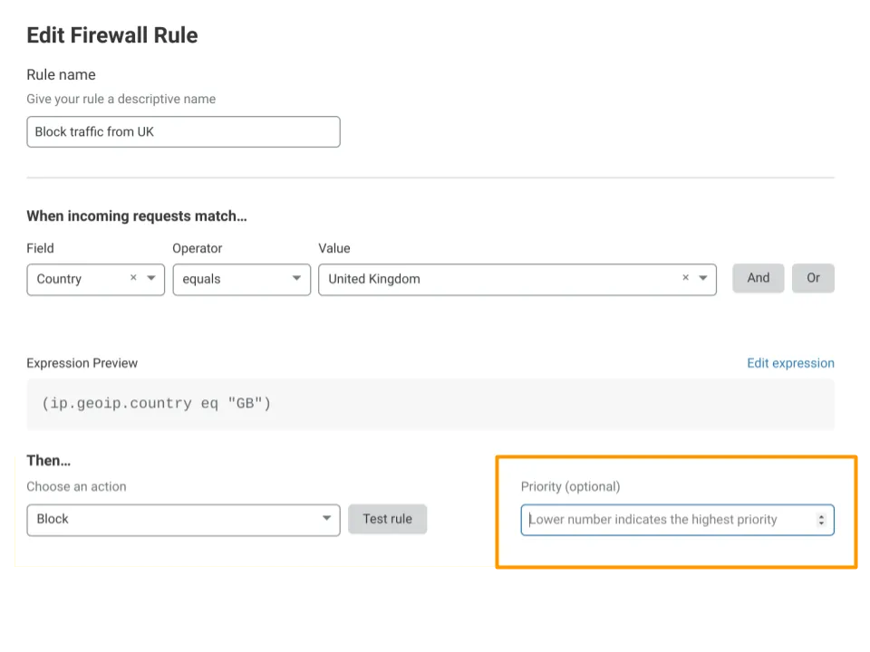 Editing a firewall rule in the dashboard to define its Priority value