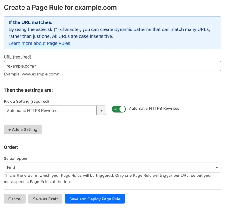 Example Page Rule with 'Automatic HTTPS Rewrites' setting